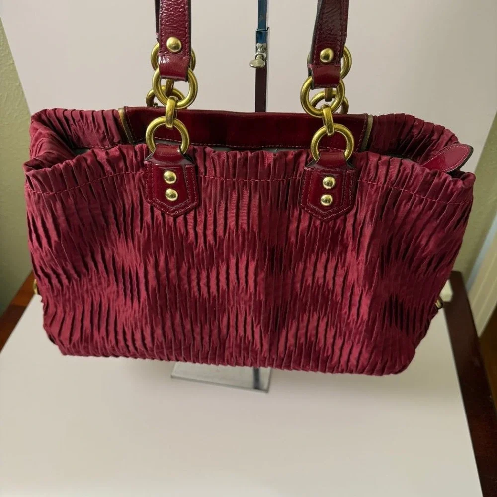 Coach Ashley Gathered Twist Satin Satchel Burgundy Patent Leather Bag F20050